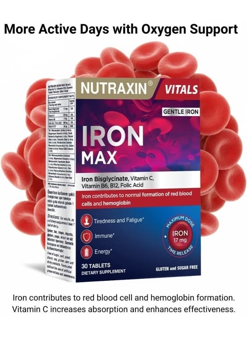 Nutraxin Iron Max Time Release Formula With Vitamin C, B6, B12 and Folic Acid Red Cells and Hemoglobin formation 30 Tablets - Image 2